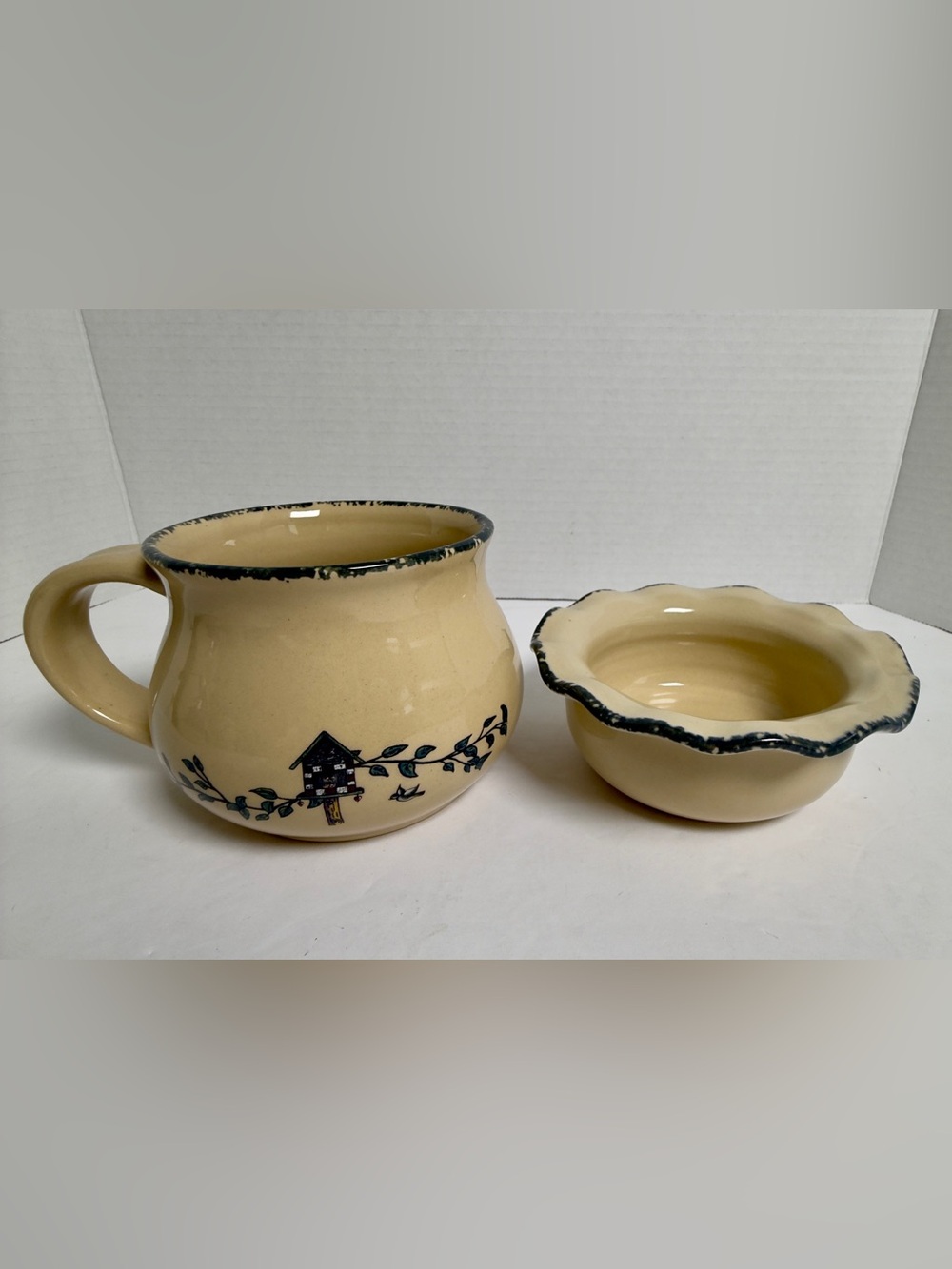 Vintage Home & Garden Party Birdhouse Stoneware Mug & Scalloped Bowl Set